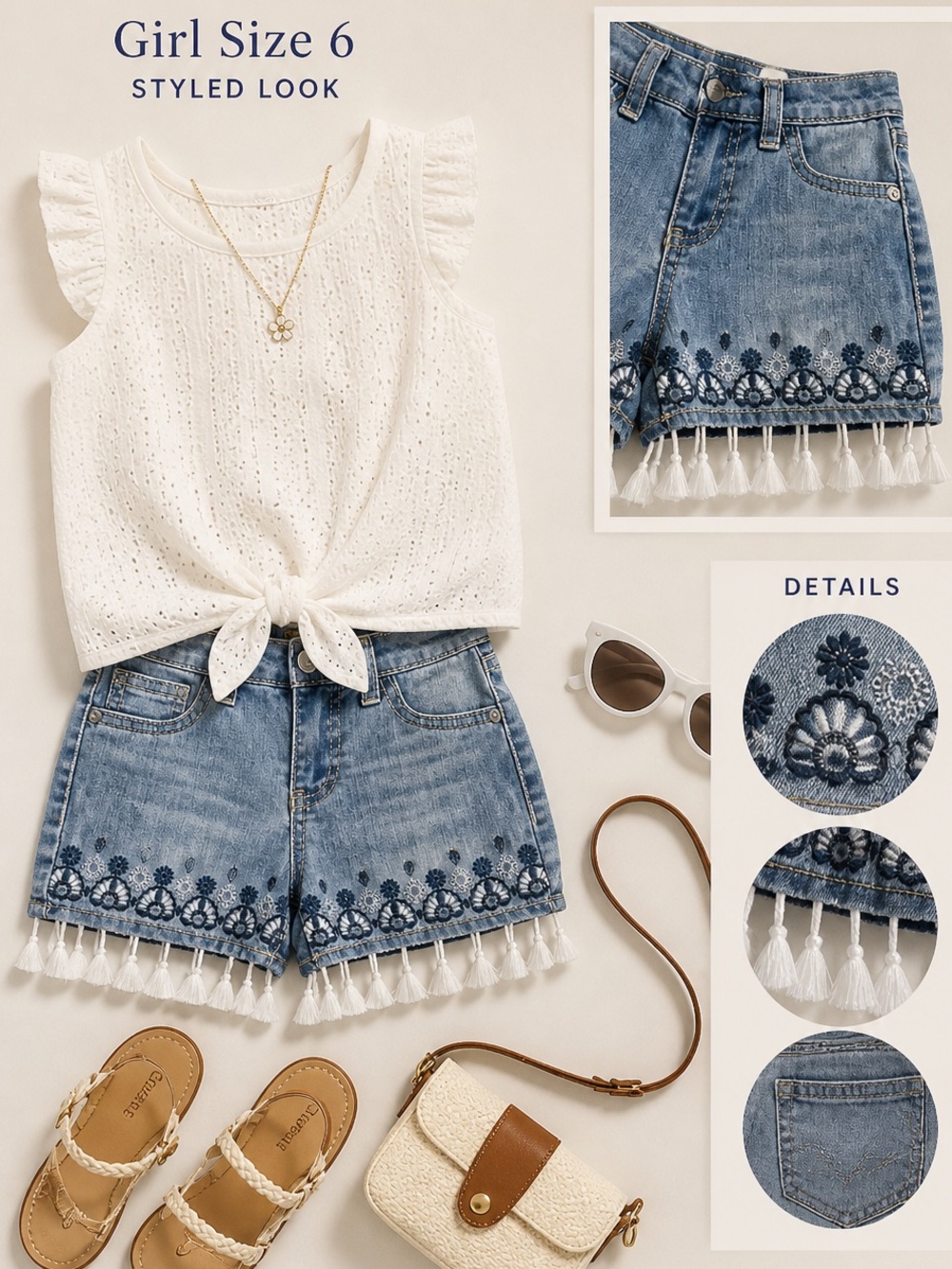 Lee Girls Size 6 Embroidered Denim Shorts Tassel Hem Adjustable Waist